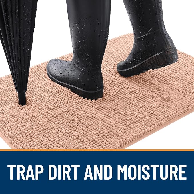 OLANLY Dog Door Mat for Muddy Paws 54x32, Absorbs Moisture and Dirt, Absorbent Non-Slip Washable Doormat, Quick Dry Chenille Mud Mat for Dogs, Entry Indoor Entryway Carpet for Inside Floor, Peach