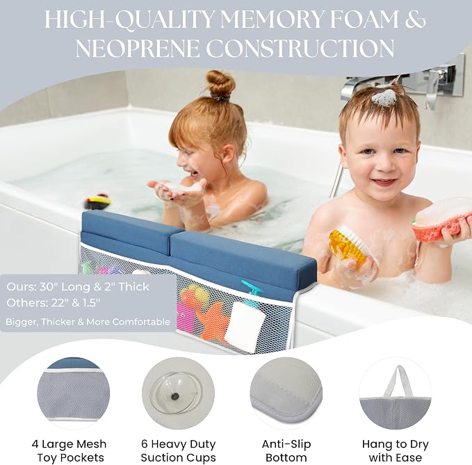 Baby Bath Kneeler and Elbow Rest Pad Set -2 Inch Thick Comfortable Non-Slip 30" Extra Long Bath Kneeling Pad with Toy Organizer Pockets - Soft Machine Washable XL Memory Foam Bathing Support Cushion