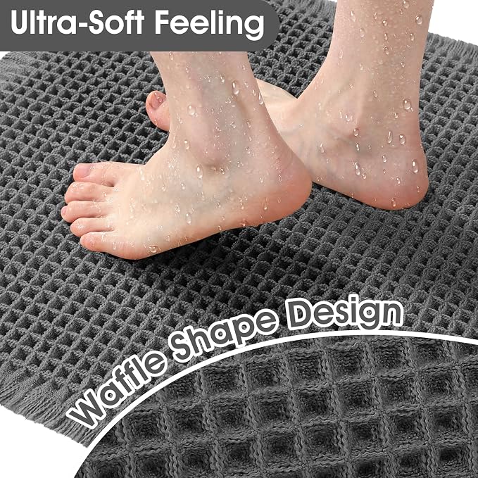 ACCUMTEK Extra Large Waffle Bath Mat, 5'x2' Grey, Super Absorbent Non-Slip Quick Dry Bathroom Rugs with Tassels, Machine Washable Ultra Soft Boho Bath Rugs for Floor, Toilet Mats Boho Farmhouse Decor