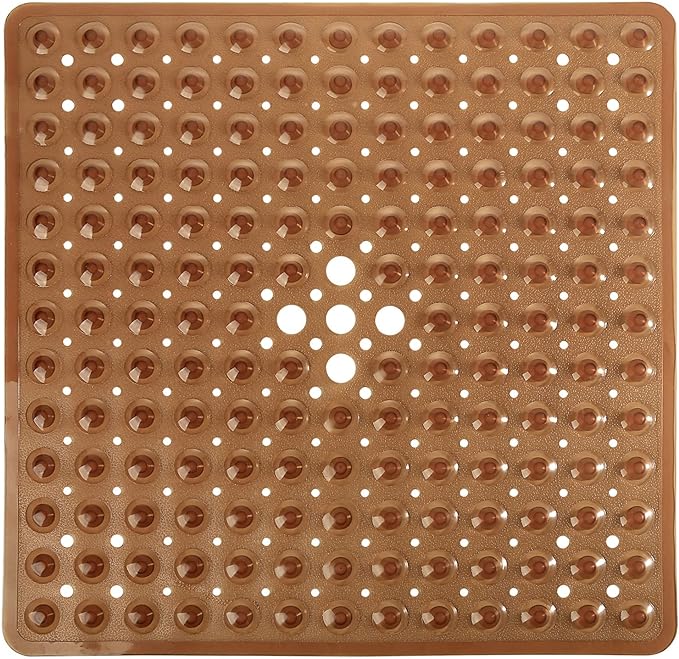 Yimobra Shower Mat 21X21 Inch Square, Non Slip Bathtub Mat with Large Suction Cups&Drain Holes, Fast Dry Shower Stall Mats for Inside Shower, Machine Washable BPA-Free, Bath Essentials,Clear Brown