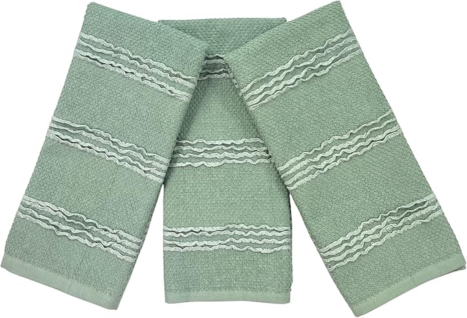 Sage Green Kitchen Dish Towels: 100% Cotton Cloth Soft Cleaning Drying Absorbent Textured Terry Loop, Set of 3 28" x 18" Multipurpose for Everyday Use