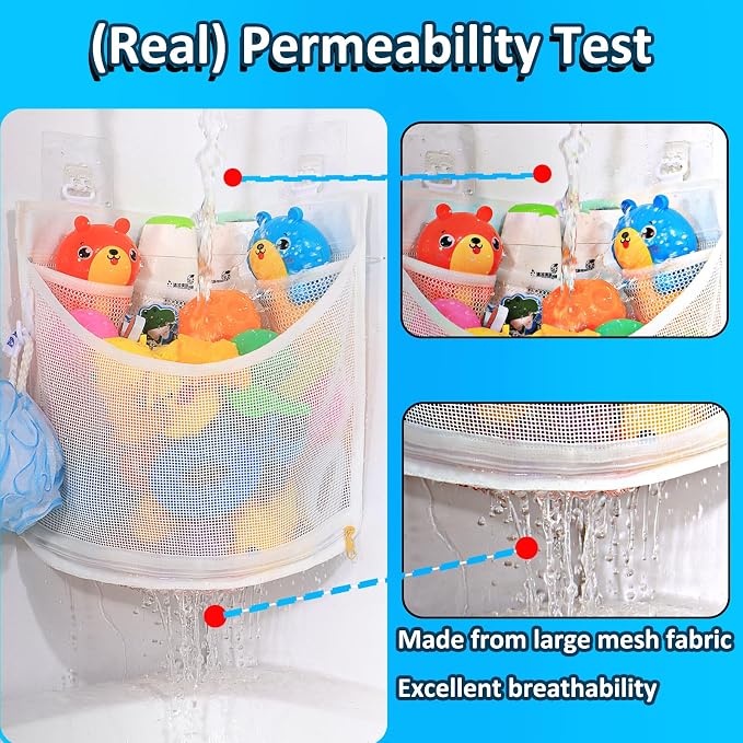 KPH Bath Toy Organizer, Large Capacity Corner Hanging with Mesh bath toy storage, Quick Drying