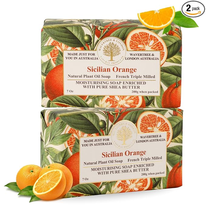 Wavertree & London Sicilian Orange Scented Natural Soap (2 Bars), 7oz Moisturizing French Triple Milled Soap Bars enriched with shea butter - Pure Plant Based Bath & Body Bars for All Skin Types