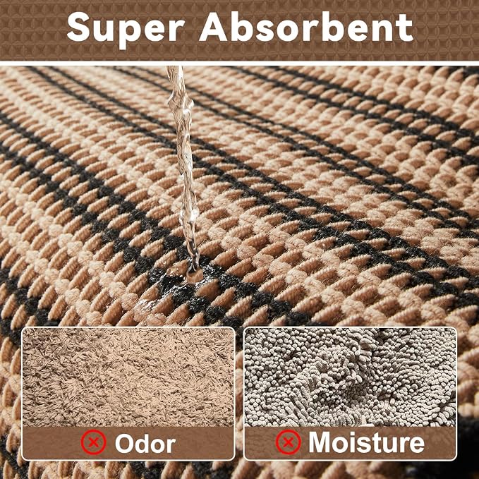 Triohero Waffle Runner Bath Mat - Long Bathroom Rugs Non Slip Washable, Ultra Soft Super Absorbent Quick Dry Boho Farmhouse Bathroom Decor, 24" x 60"', Khaki & Black