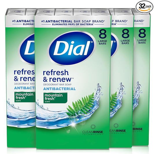Dial Antibacterial Bar Soap, Refresh & Renew, Mountain Fresh, 4 oz, 32 Bars