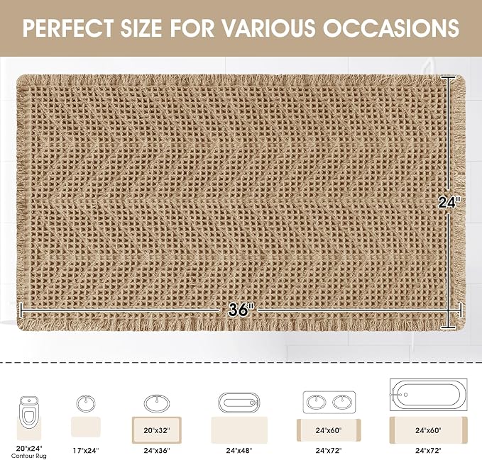 Upgraded Waffle Bath Mat, 36"x24" Beige-Herringbone, Super Absorbent Non-Slip Quick Dry Bathroom Rugs with Tassels, Machine Washable Ultra Soft Boho Bath Rugs, Toilet Mats Boho Farmhouse Decor