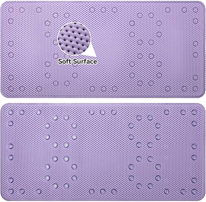 Bathtub Mat Non Slip 36” X 17” Purple Shower Mat Soft Foam Bath Mats for Bathroom Tub, Bathtub Mat with Drain Holes, Suction Cups, Shower Mat Non Slip