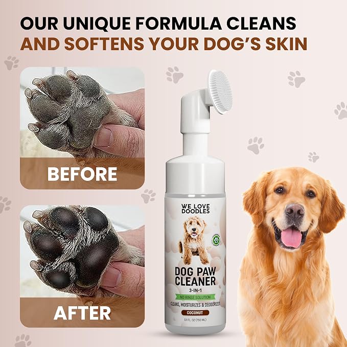 We Love Doodles No-Rinse Dog Paw Cleaner with Built-in Silicone Bristle Brush | 3-in-1 Dirty Paw Washer Foaming Foot Cleaner for Muddy Pet Dogs & Cats | Gentle Waterless Shampoo - Coconut | 5 fl oz
