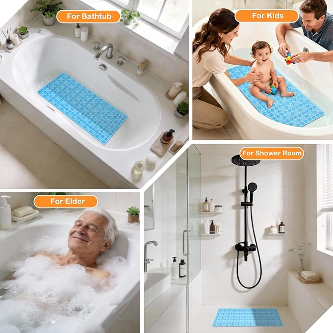 Yimobra Bathtub Mat Non Slip, 27.5"X15.5" Machine Washable Shower Floor Mat, Soft on Feet, Bathmat with Drain Holes and Suction Cups, Bathroom Essentials, Clear Blue