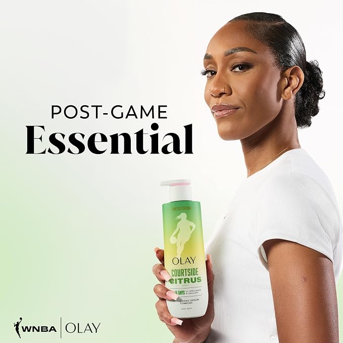 Olay Body Wash for Women, WNBA, Intensely Hydrating, Hyaluronic Acid Serum, Hydration On/Off Court, Improves Moisture Barrier, Vitamin B3 Complex, All Skin Types, Courtside Citrus Scent, 20 fl oz