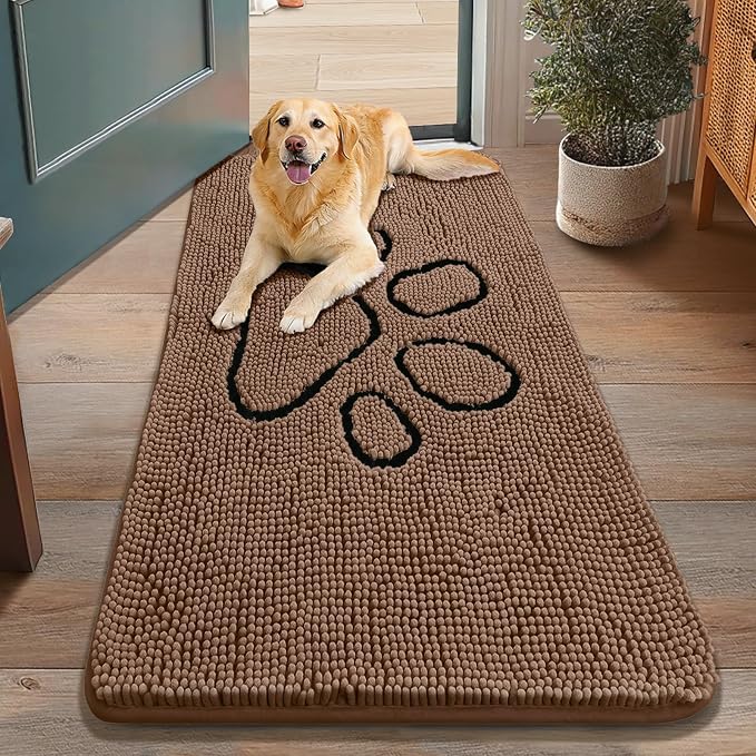 Smiry Dog Door Mat for Muddy Paws, Absorbent Dirt Trapper Non Slip Quick Dry Washable Chenille Mat for Mud Dogs, Entry Rug for Indoor and Outdoor (48x30 Inches, Coffee and Black)