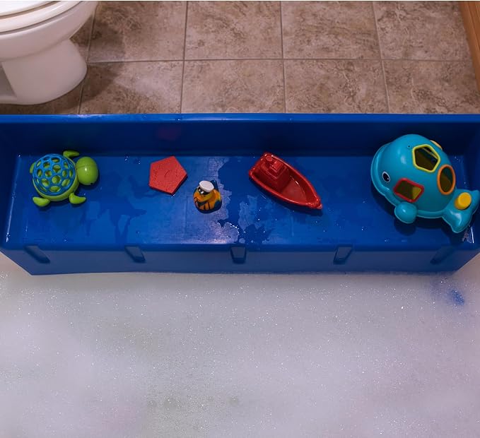 Tub Topper Kids Bathtub Splash Guard, Shelf & Toddler Bath Toy Tray - Blue | Toddler Bath Tray & Ledge Organizer, Strong Suction Cups, Patented Lip Design, Kids Bathroom Accessory Storage, Made in USA
