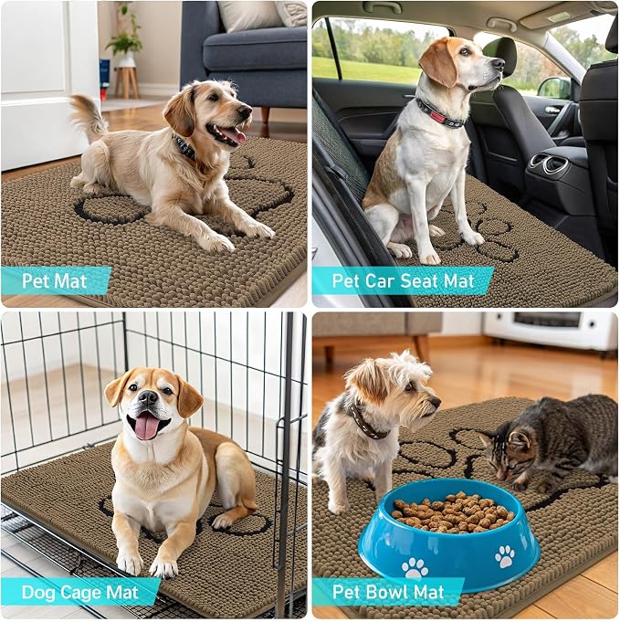 OLANLY Dog Door Mat for Muddy Paws 36x24, Paw Print Design, Absorbs Moisture and Dirt, Absorbent Non-Slip Washable Doormat, Quick Dry Chenille Mud Mat for Dogs, Entry Indoor Entryway Carpet, Tan
