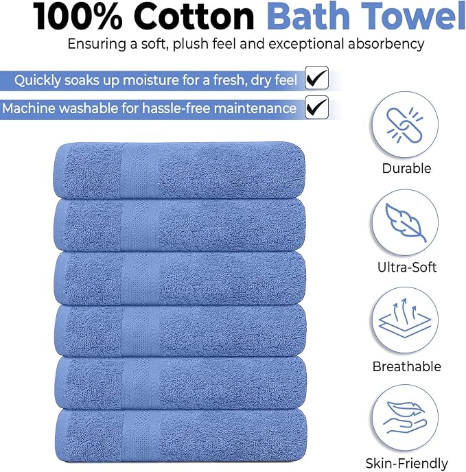 KAHAF COLLECTION 6 Pack Bath Towels Set (27 x 54 Inches) 100% Ring Spun Cotton, Lightweight, Quick Dry, Highly Absorbent Towels (Blue, (27x54) Inches)