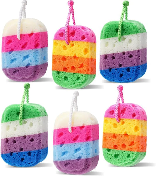 FoldTier 6 Pcs Exfoliating Bath Sponge Body Loofah Sponges Shower for Women Reusable Soft Bathing Pouf Foam Lufa Body Scrubber and Rich Lather, Color Matching(Gradient Colors)
