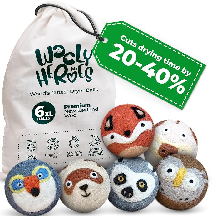 Chemical Free & Baby Safe! Reusable Wool Dryer Balls XL 6-Pack - Reduces Static, Cuts Dry Time, & Softens Naturally