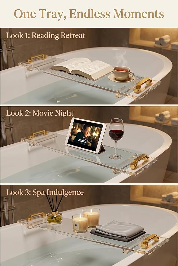 42" transaprent Bathtub Caddy with Gold Handle for Luxury Bathroom Bathtub Acrylic Tray for Large Soaking Tub