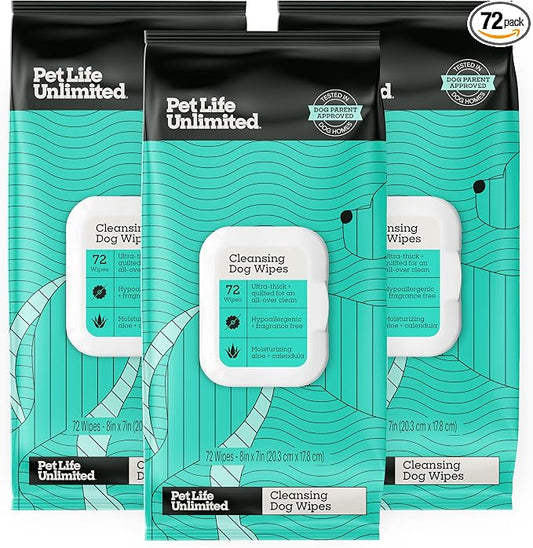 Pet Life Unlimited Wipes for Dogs 72 Count, Hypoallergenic, Fragrance-Free, Sensitive Skin Grooming Wipes for Paws, Body & Butt, Plant-Based, Moisturizing with Aloe & Calendula, USA Made (Pack of 3)