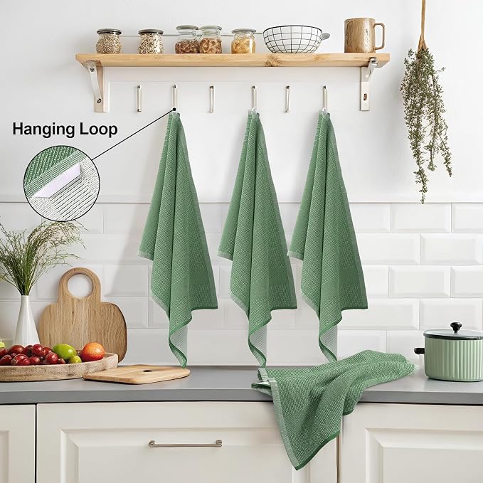 Mordimy Premium Kitchen Towels 6 Pack (18 x 28 Inches, Grass Green), Large Cotton Kitchen Hand Towel, Flat & Terry Dish Towels for Drying Dishes, Super Absorbent Tea Dishtowels Set with Hanging Loop