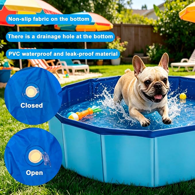 Koliva Foldable Pet Swimming Pool 24x8 Inch, Dog Bath Tub with Drain Hole & Pet Brush | Non-slip bottom & drain outlet, lightweight, for dog cat puppy bathing & play