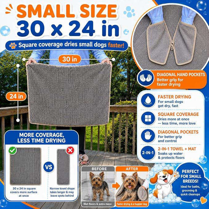 Pet 2-in-1 Dog Towel & Mat – Transforms from Drying to Bath Mat, Ultra Soft, Absorbent & Quick-Drying, Machine Washable Dog Towels with Detachable Non-Slip Mat and Hand Pockets (Small)