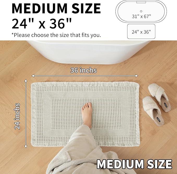 Waffle Bath Mat - Super Water Absorbing Bath Mat Quick Dry, Bathroom Rugs Non Slip Washable with Tassels, Rubber Backed Bathroom Mat for Bathroom Floor, Tub and Shower, 24" x 36", Off-White