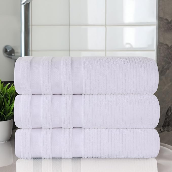 Superior Cotton Bath Towel Set, Zero Twist, Ribbed Geometric, Large Plush Absorbent Body Towels, Luxury Soft Quick Drying, Shower, Spa, Hotel, Pool, Guest Bathroom, Home Essentials, Set of 3, White