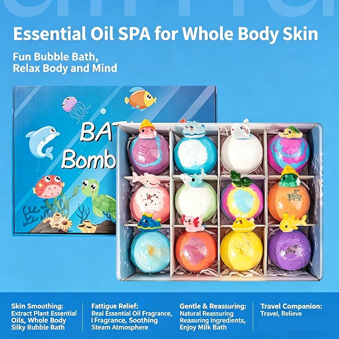 Ocean Toy Bath Salt Ball Sleeve Box Bath Bombs,Bath Bombs with Surprise Inside,Gift Set with 12 Sea Animal Toys,Fun,Educational,and Safe Natural Bath Bubble with Toys,Great Gift for Kids’Birthdays