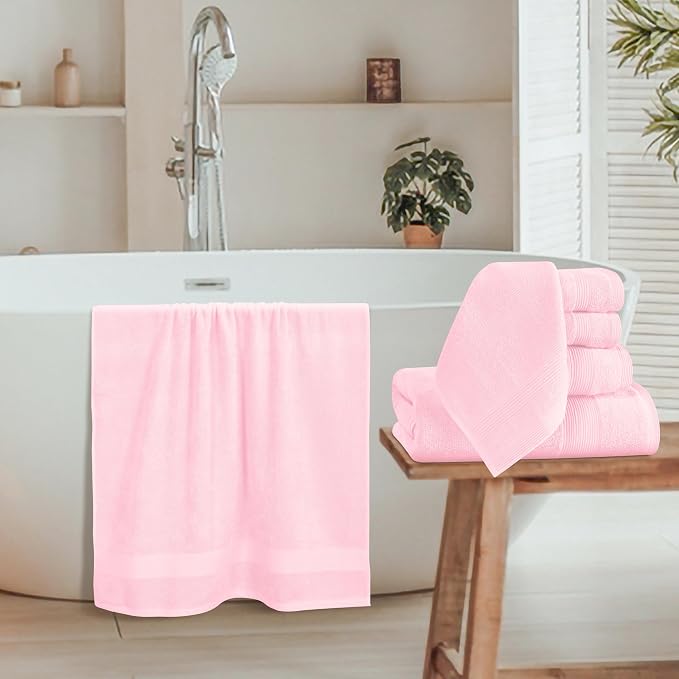 Belizzi Home 8 Piece Towel Set 100% Ring Spun Cotton, 2 Bath Towels 27x54, 2 Hand Towels 16x28 and 4 Washcloths 13x13 - Ultra Soft Highly Absorbent Machine Washable Hotel Spa Quality - Pink