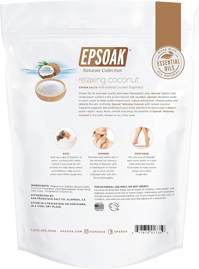 Epsoak Epsom Salt 2 lb. USP Magnesium Sulfate with Coconut Scent Resealable Epsom Salt Bag, Made in The USA, Cruelty-Free Certified