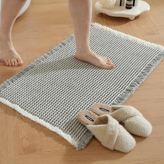 Waffle Bath Mat - Super Water Absorbing Bath Mat Quick Dry, Bathroom Rugs Non Slip Washable, Rubber Backed Bathroom Mat for Bathroom Floor, Tub and Shower, 24" x 36", Light Grey & White