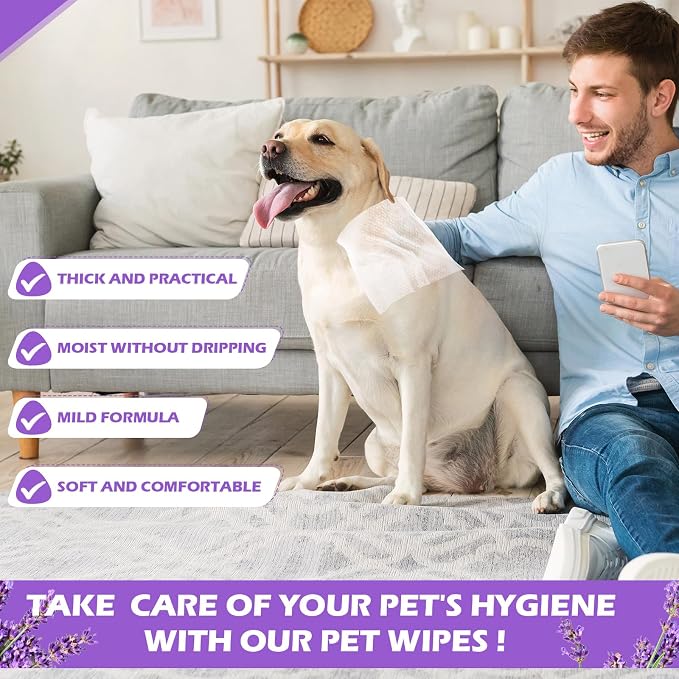 Treela 10 Packs of 80 Dog Wipes Pet Wipes Cat Grooming Supplies for Paws, Butt, Ear, Skin, Body Bath Cleaning Stain Odor Remover, Home or Travel Use(Lavender)