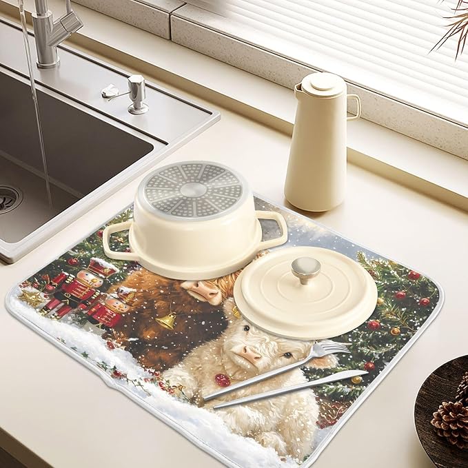 Christmas Highland Cow Dish Drying Mat, Absorbent Drainer Mats for Kitchen Counter Coffee Maker 24"x18"