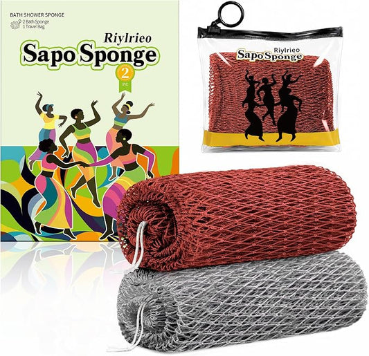 African Net Sponge for Shower, 2PCS Exfoliating Shower Sponge with Waterproof Travel Bag, Quick-Drying African Wash Cloth for Deep Cleansing & Smooth Skin (Rust Red & Light Grey)