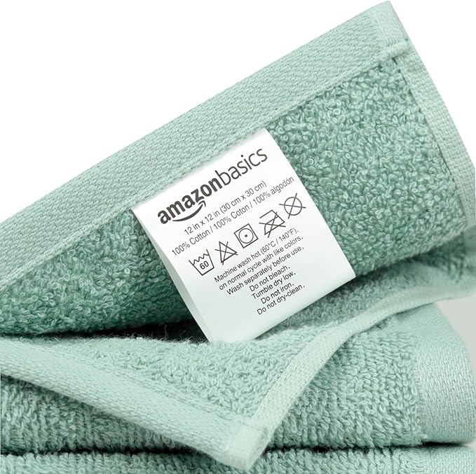 Amazon Basics Highly Absorbent, Soft & Durable 100% Cotton Washcloths for Bathroom, Body and Face, Lightweight, Fast Drying, 12 x 12 inches, Seafoam Green, Ice Blue, White, (Pack of 144)
