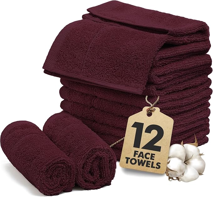Face Towels Pack of 12 – 100% Cotton Wash Cloths (12x12 inch) – 550 GSM Soft, Quick Dry & Highly Absorbent Ring Spun Cotton Towels for Bathroom, Spa, Gym, Kitchen and for Daily Use - (Burgundy)