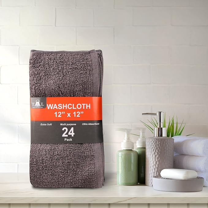Towel and Linen Mart 100% Cotton - 24 Pack Wash Cloth Set -Grey Color Flannel Face Cloths, Highly Absorbent and Soft Feel Fingertip Towels (Grey, Pack of 24)
