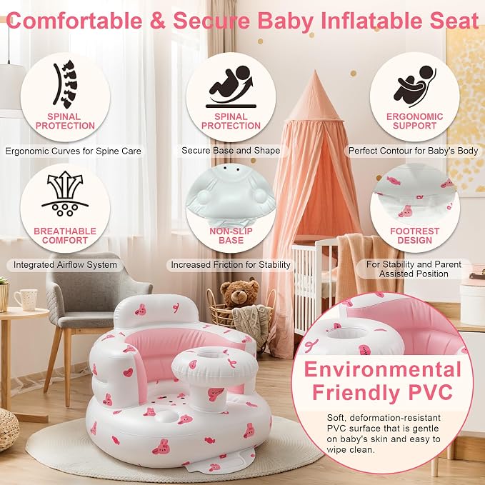 Inflatable Baby Seat for Babies 3-36 Months, Baby Chair with Fence & Built in Air Pump, Blow Up Floor Baby Seat with Back Support, Inflatable Baby Chair Sit Me Up for Home Pink Rabbit-Tray