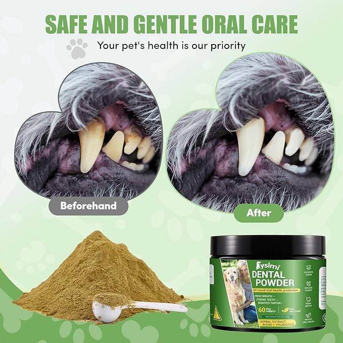 Dog Dental Powder, Dog Teeth Cleaning Powder, Dog Tartar and Remover with Probiotics and Natural Herbal Blend of All Breeds and Ages Mint -150 Grams