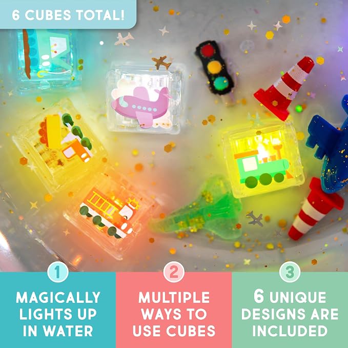 Glo Pals Water-Activated Light-Up Sensory Bath Toy Cubes for Bathtime and Sensory Play, Automobiles, Vibrant Light-Up Colored Cubes for Kids and Toddlers, Pack of 6
