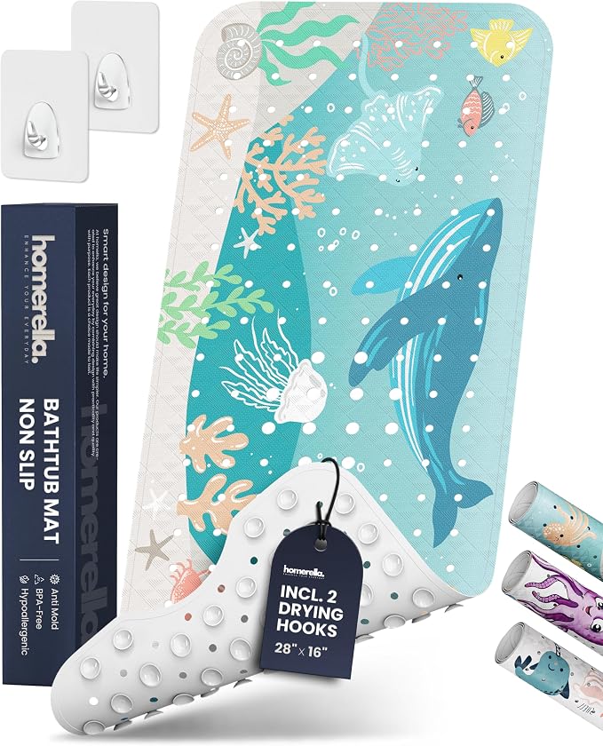 Bath Tub Mat Non Slip Anti Mold for Kids BPA Free INCL Hooks - homerella® Ocean Sea Animals 28x16, Baby Bath Mat Non Slip 200 Suction Cups, Non Toxic Machine Washable Toddler Bath Mat, EU Certified
