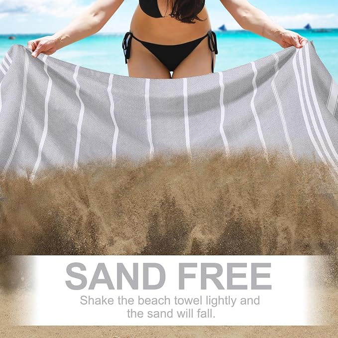 Genovega 6 Packs Oversized Turkish Beach Towels Set 74"x38" Extra Large Sand Free Quick Dry Absorbent Swim Bath Pool Towel Adult Travel Essentials Blanket Accessories Vacation Grey Stripe