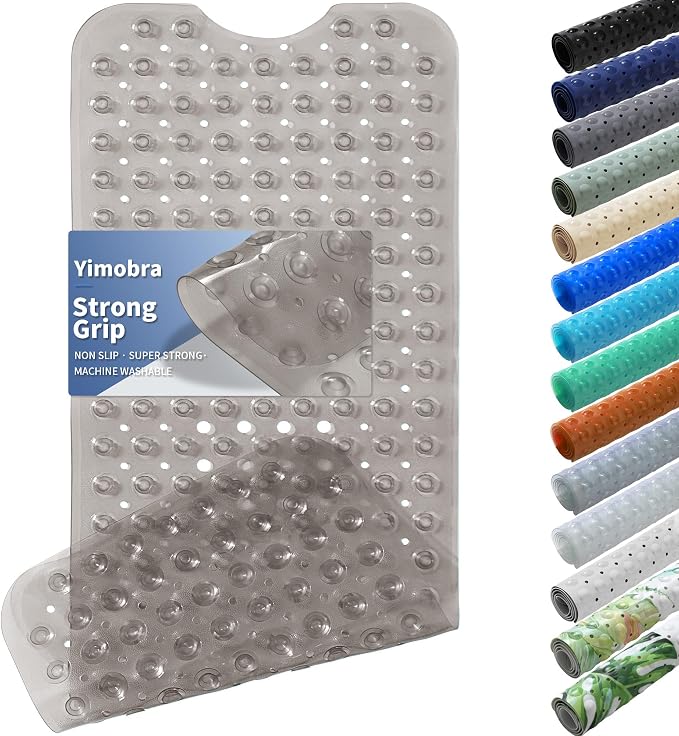 Yimobra Non Slip Bathtub Mat 40 x 16 Inch, Extra Long Shower Mat with Drain Holes, Machine Washable Baby Bath Mats, Strong Suction Cups for Bathroom Floor, Clear Grey
