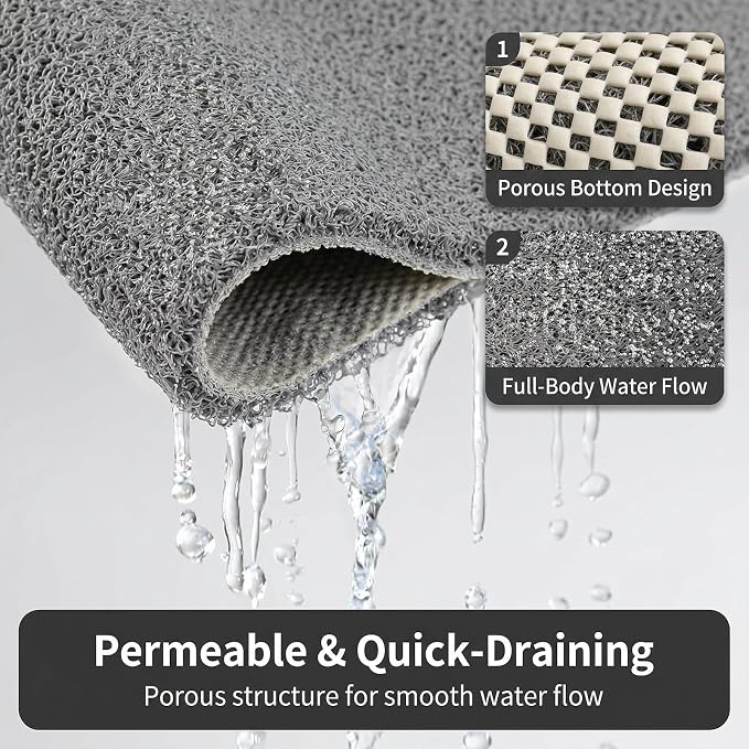 Square Shower Mat Non Slip, 27 x 27 Inch Grey Shower Floor Mat Without Suction Cups, Quick Drying Foot Scrubber PVC Loofah Bath Mats for Bathroom, Tub, Wet Area