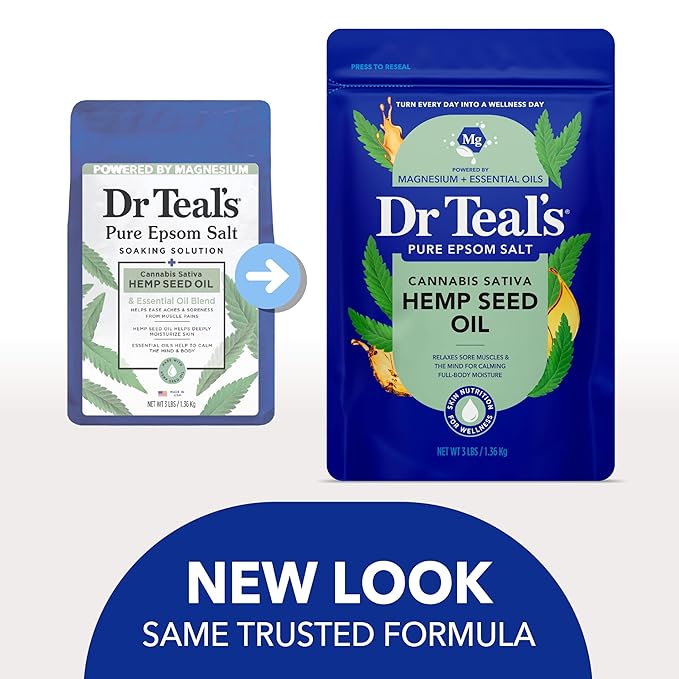 Dr Teal's Pure Epsom Salt, Cannabis Sativa Hemp Seed Oil, 3 lb (Pack of 4)