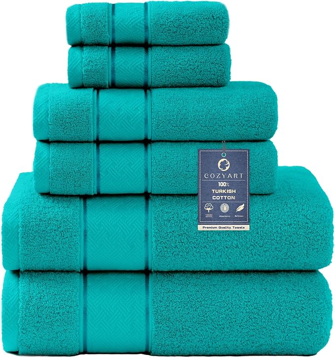 COZYART Turquoise Bath Towel Set 6 Piece, 100% Zero Twist Ring Spun Turkish Cotton 650GSM, Ultra Soft Absorbent Fast Dry Hotel Quality Bathroom Towels