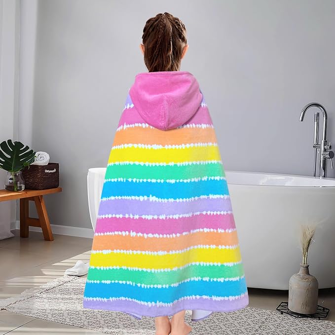 VOOVA & MOVAS Hooded Beach Towel for Girls & Kids (3-8 Years) | 30"x50" Soft Absorbent 100% Cotton Towel Wrap | Perfect for Toddler Beach, Pool, Bath, Swimming | Striped Color Design