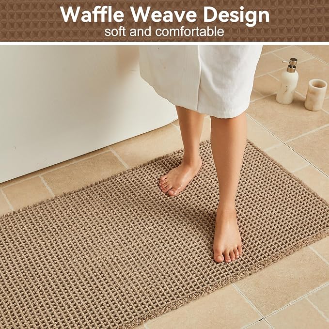 Triohero Waffle Bath Mat, Boho Bathroom Rugs Non Slip Washable, Ultra Soft Super Absorbent Quick Dry Farmhouse Bathroom Decor, 24" x 36", Beige