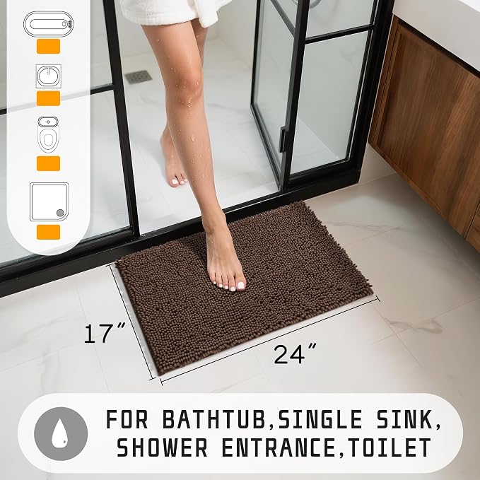 Yimobra Washable Bathroom Rugs, Super Soft & Absorbent Chenille Bath Mat for Floor & Carpet, Quick Dry Non Slip Bath Mat for Tub Shower, 24" x 17",Brown