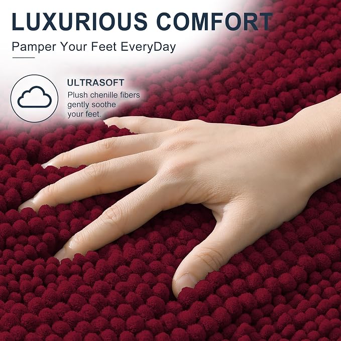 Smiry Thick Chenille Bathroom Runner Rugs 47x20, Extra Absorbent Striped Bath Mat, Machine Washable, Rubber Backing, Long Bath Rugs for Tub & Shower, Modern Home Decor Accessories, Burgundy